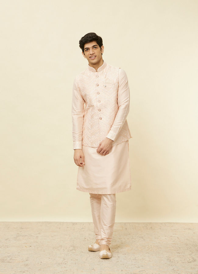 Manyavar Men Peach Pink Geometric Wave Patterned Jacket Set