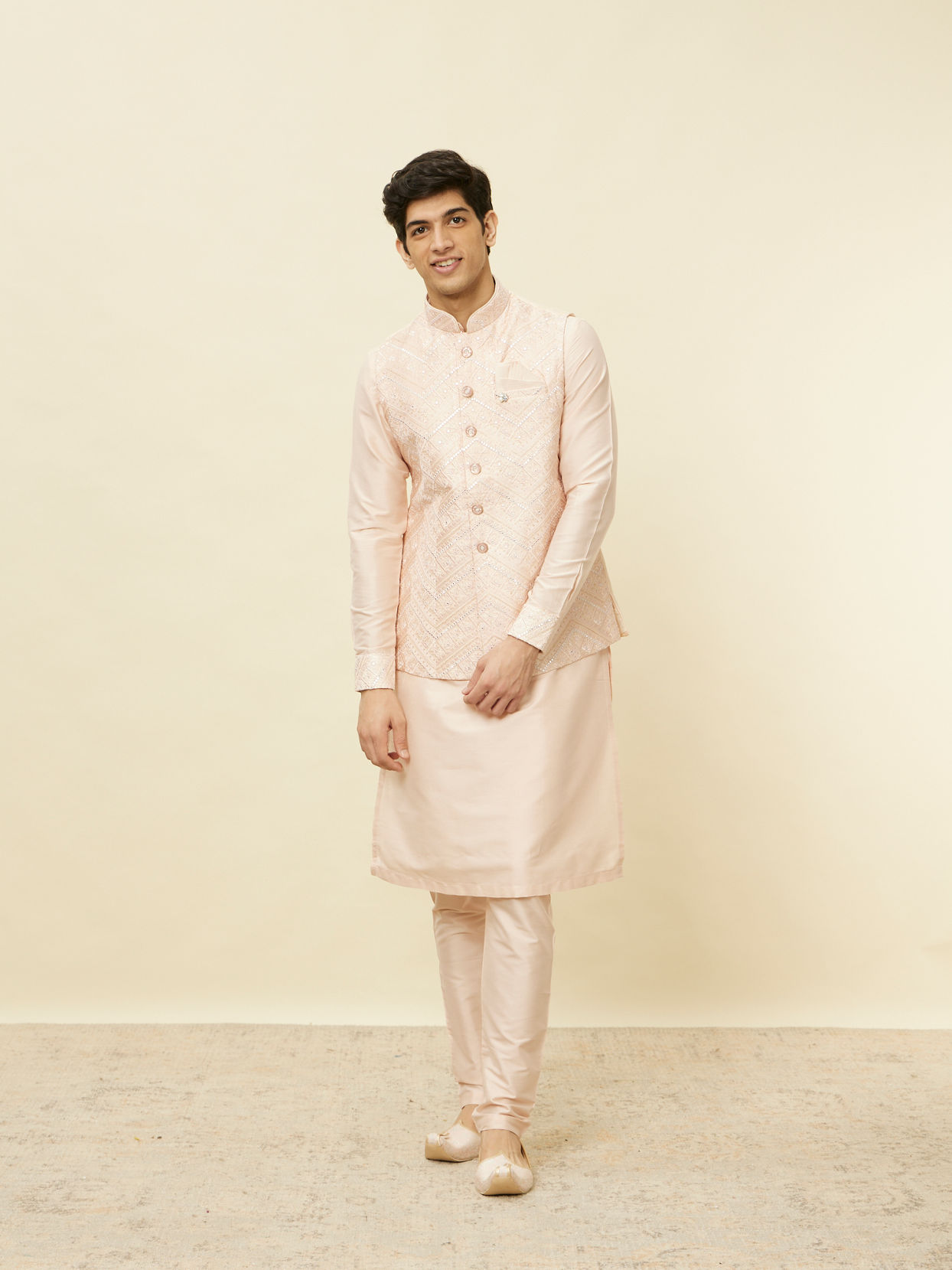 Manyavar Men Peach Pink Geometric Wave Patterned Jacket Set