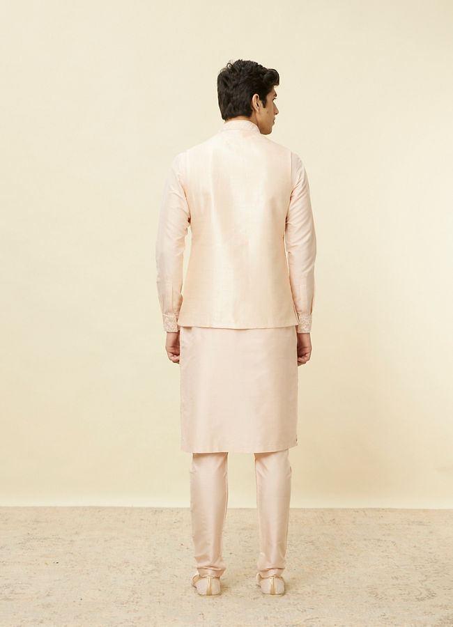 Manyavar Men Peach Pink Geometric Wave Patterned Jacket Set