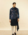 Manyavar Men Midnight Blue Floral Print Drape Detailed Kurta Jacket Set