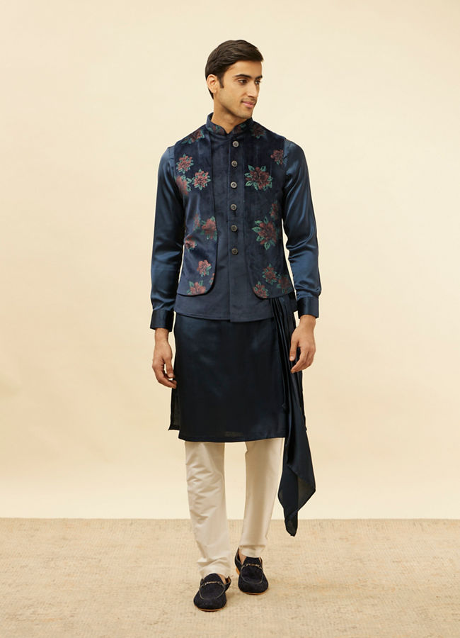 Manyavar Men Midnight Blue Floral Print Drape Detailed Kurta Jacket Set