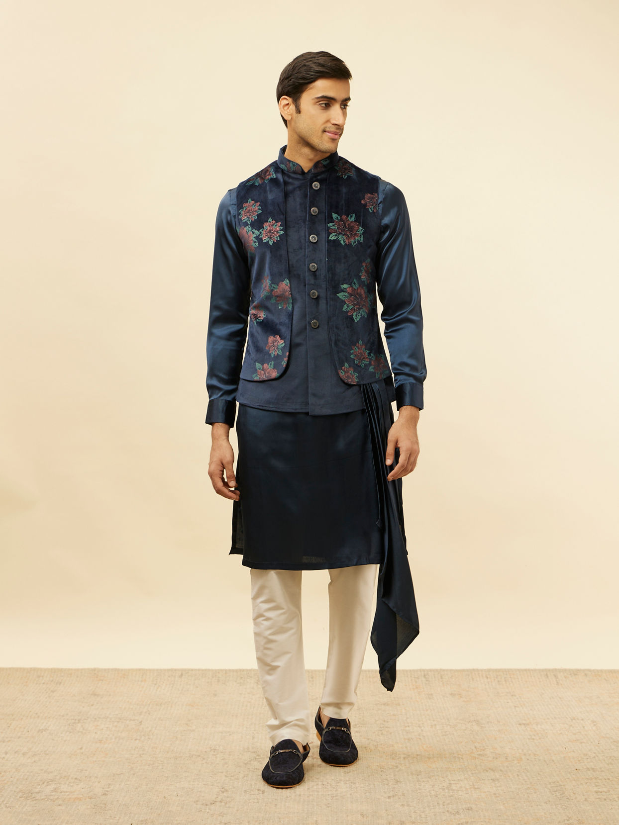 Manyavar Men Midnight Blue Floral Print Drape Detailed Kurta Jacket Set