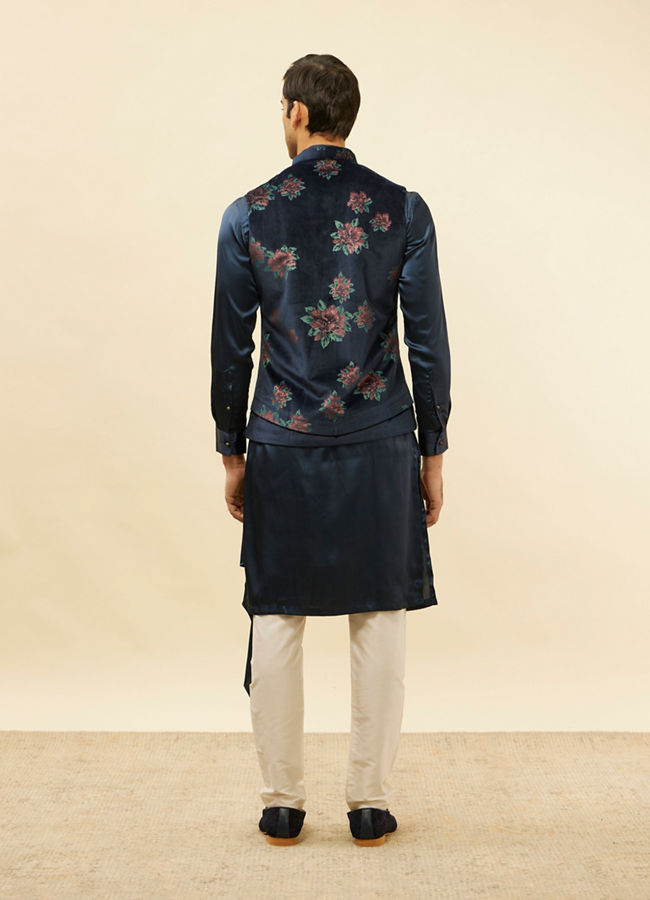Manyavar Men Midnight Blue Floral Print Drape Detailed Kurta Jacket Set