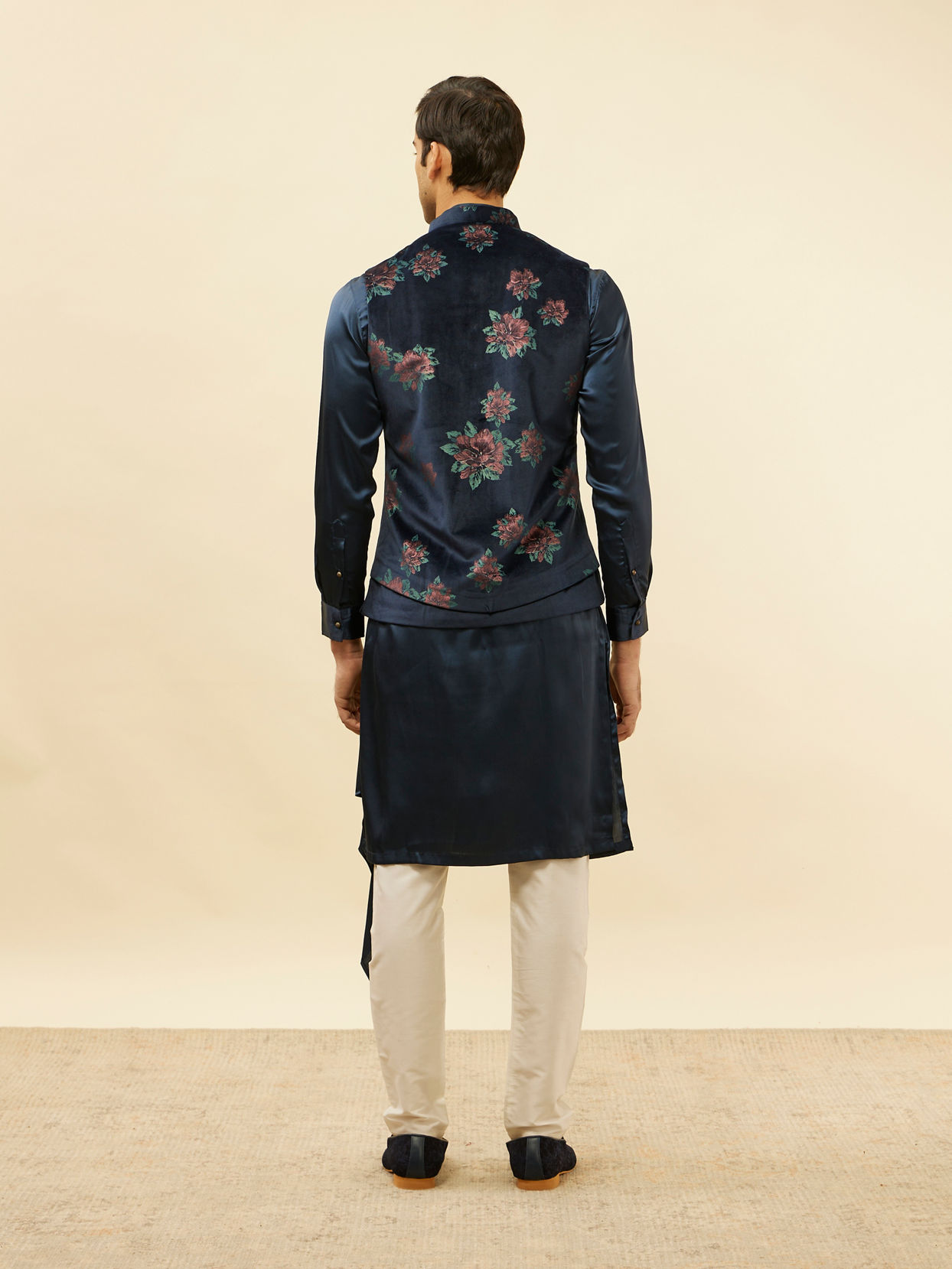Manyavar Men Midnight Blue Floral Print Drape Detailed Kurta Jacket Set