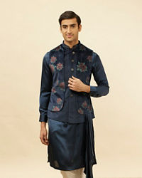 Manyavar Men Midnight Blue Floral Print Drape Detailed Kurta Jacket Set