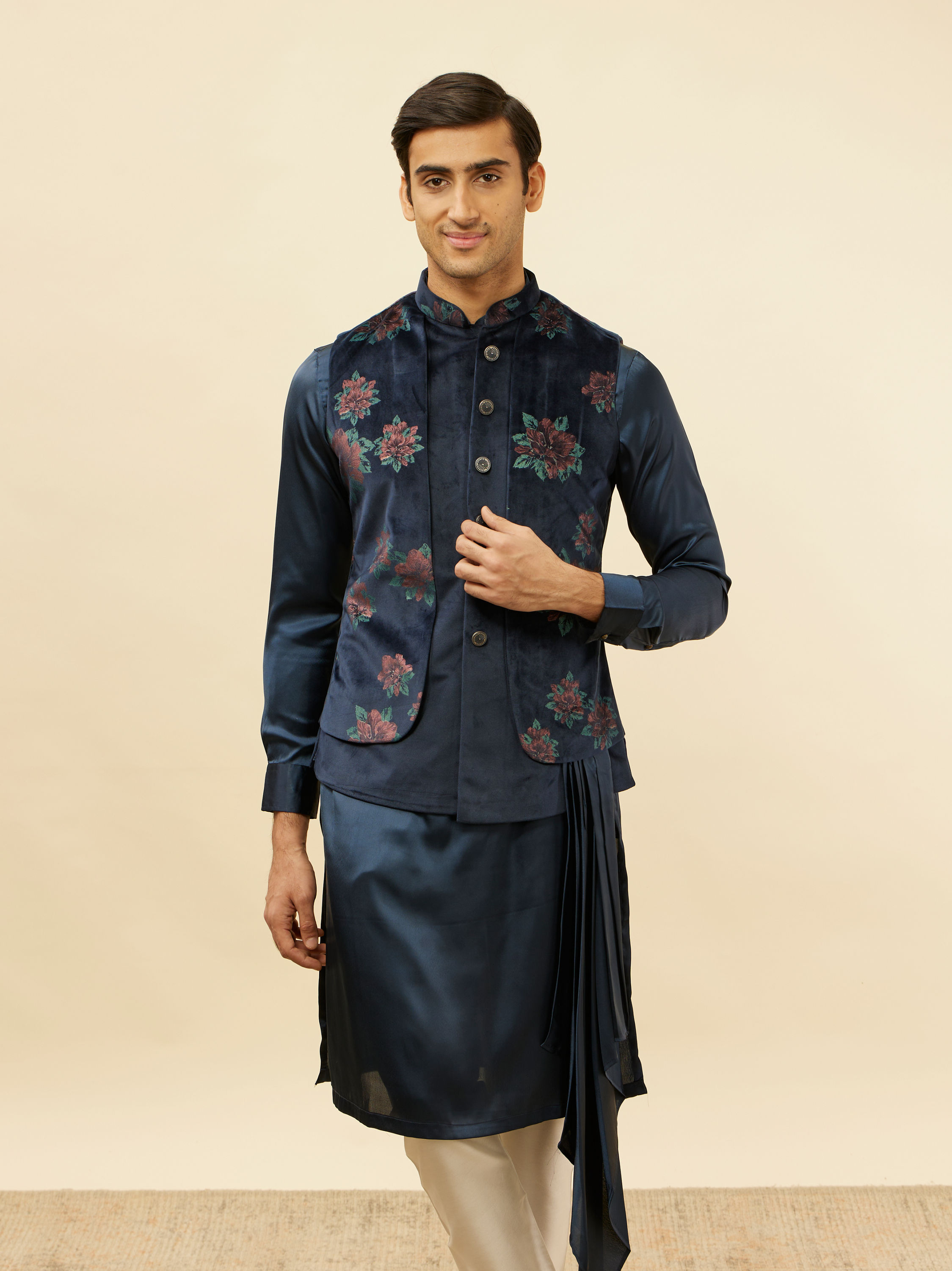 Manyavar Men Midnight Blue Floral Print Drape Detailed Kurta Jacket Set