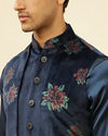 Manyavar Men Midnight Blue Floral Print Drape Detailed Kurta Jacket Set