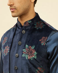 Manyavar Men Midnight Blue Floral Print Drape Detailed Kurta Jacket Set