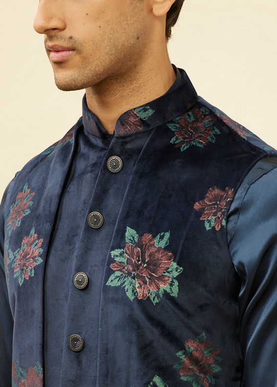 Manyavar Men Midnight Blue Floral Print Drape Detailed Kurta Jacket Set