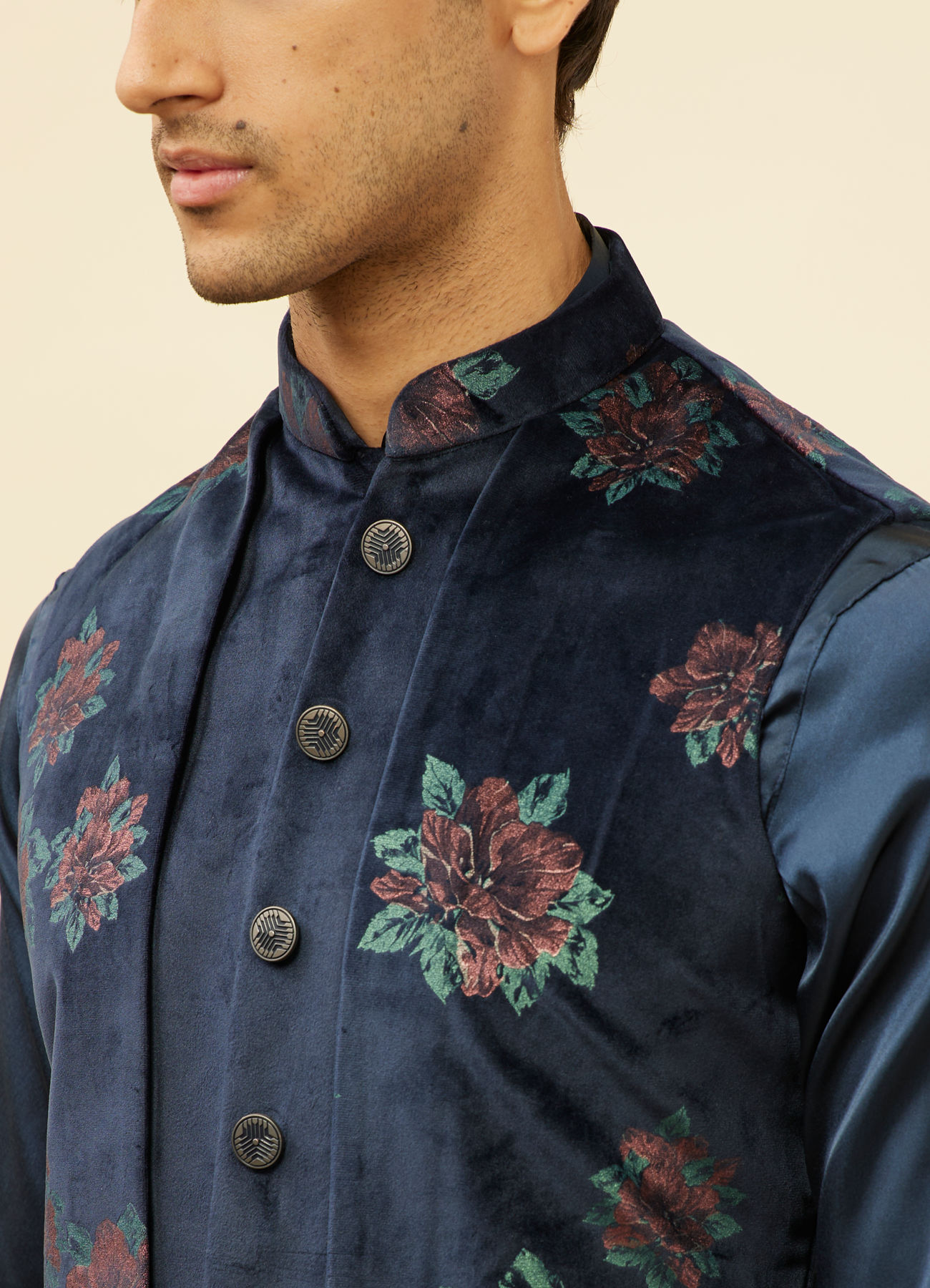 Manyavar Men Midnight Blue Floral Print Drape Detailed Kurta Jacket Set