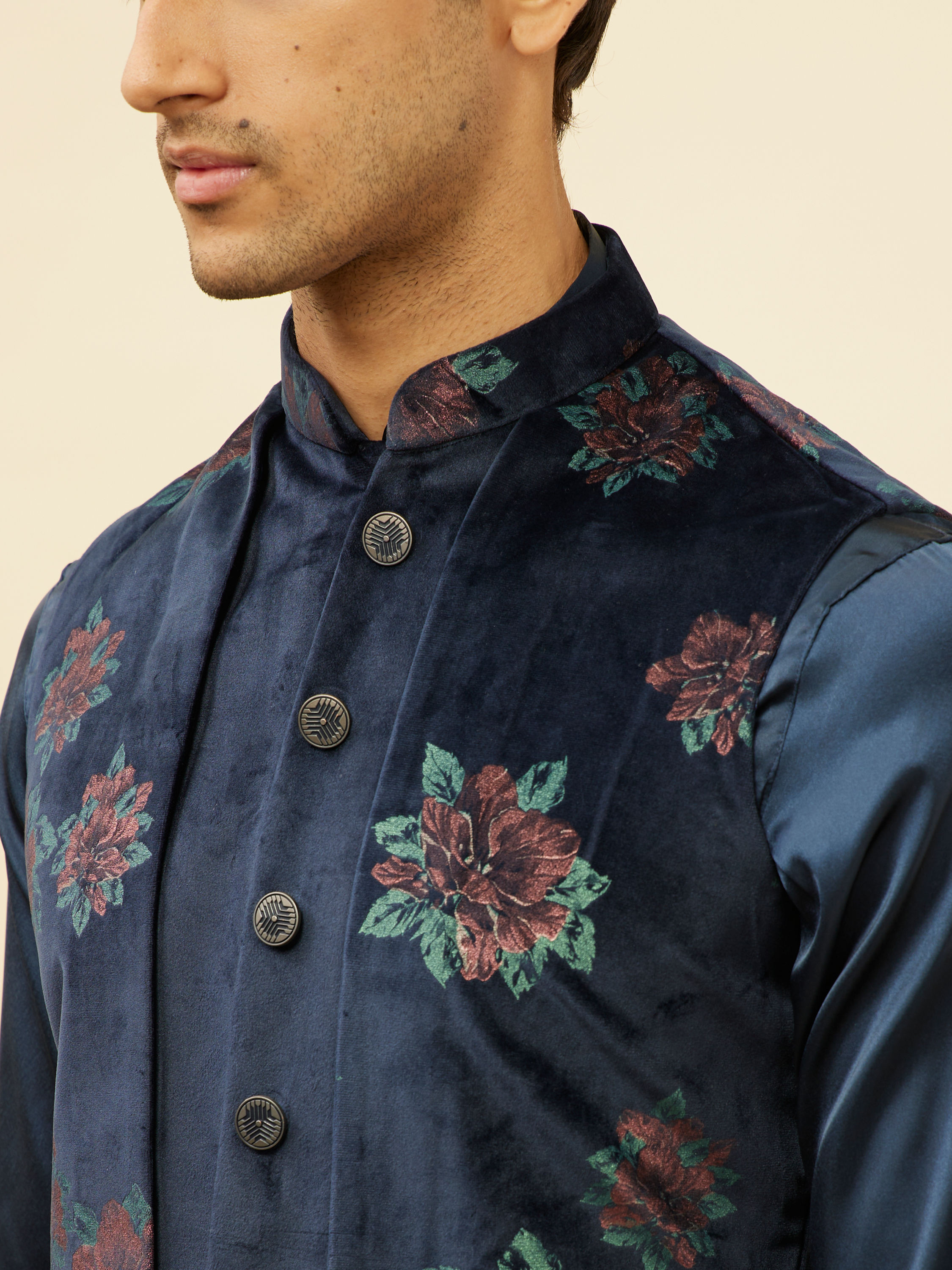 Manyavar Men Midnight Blue Floral Print Drape Detailed Kurta Jacket Set