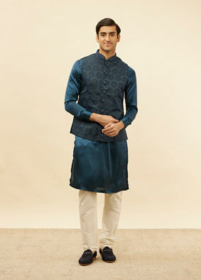 alt message - Manyavar Men Imperial Blue Jhallar Motif Kurta Jacket Set image number 2