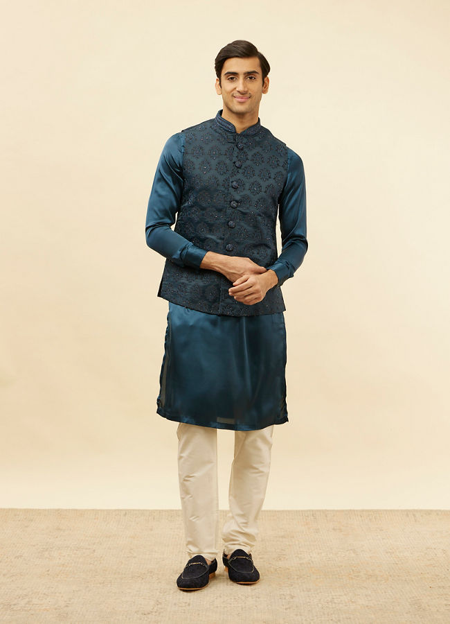 Manyavar Men Imperial Blue Jhallar Motif Kurta Jacket Set