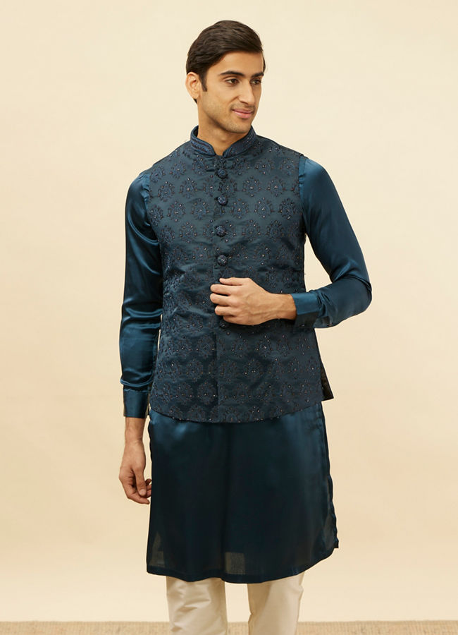 alt message - Manyavar Men Imperial Blue Jhallar Motif Kurta Jacket Set image number 0