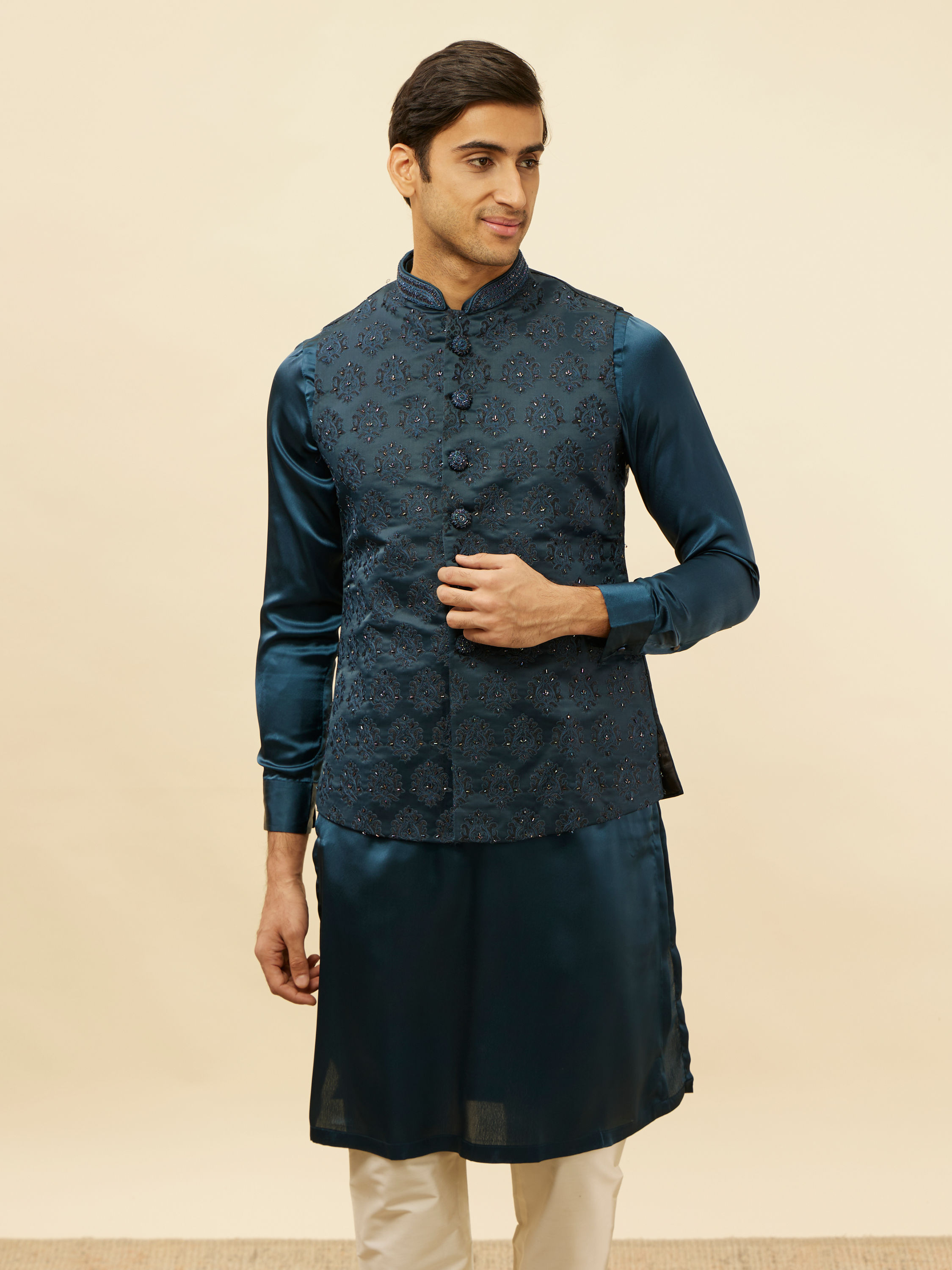 Manyavar Men Imperial Blue Jhallar Motif Kurta Jacket Set