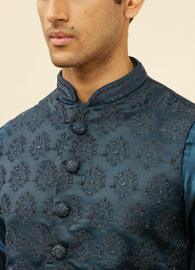 alt message - Manyavar Men Imperial Blue Jhallar Motif Kurta Jacket Set image number 1