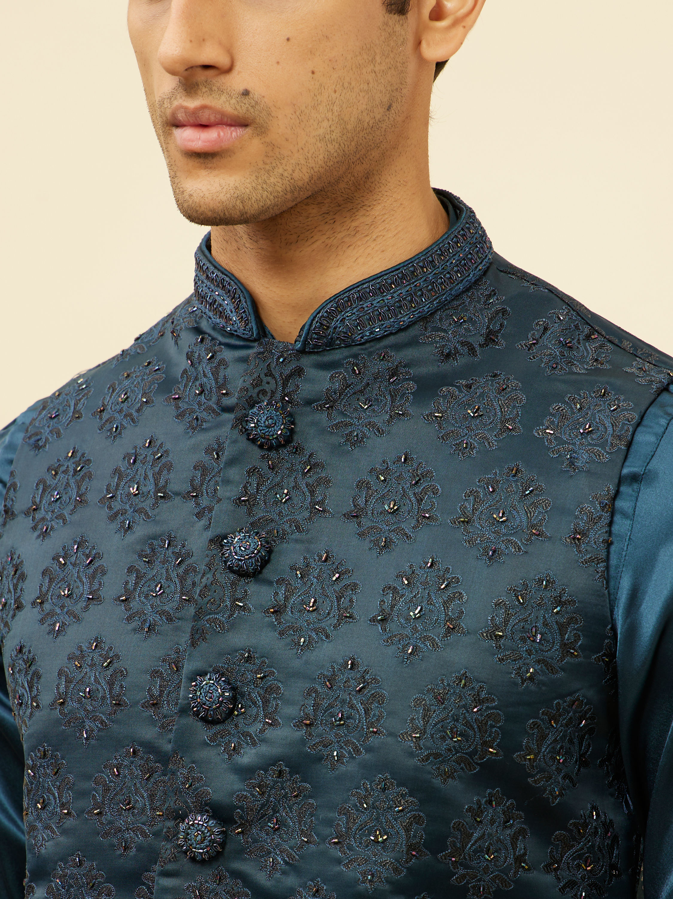 Manyavar Men Imperial Blue Jhallar Motif Kurta Jacket Set