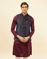 Manyavar Men Imperial Blue and Maroon Grid Patterned Kurta Jacket Set