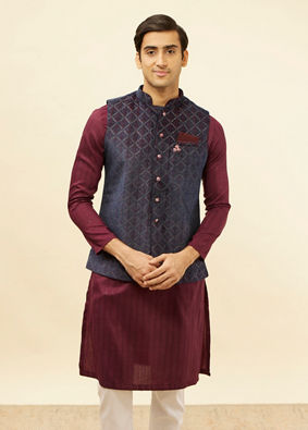 Manyavar Men Imperial Blue and Wine Grid Patterned Kurta Jacket Set