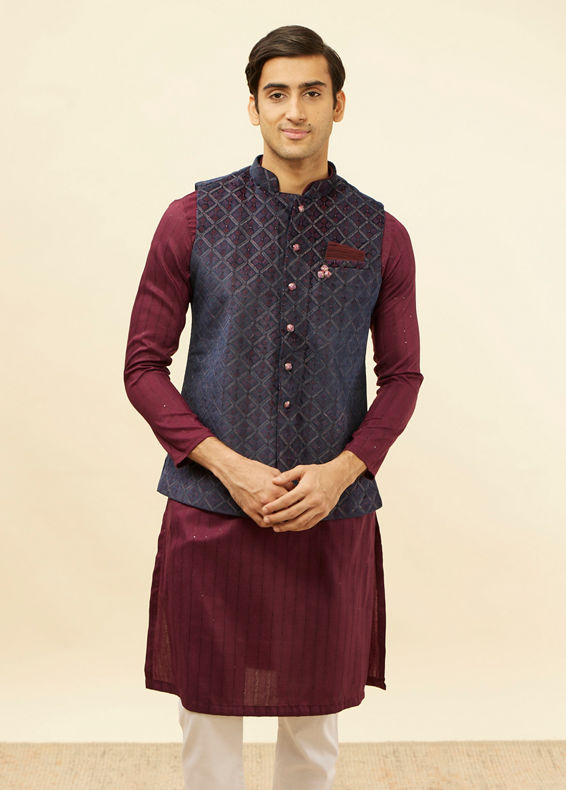 Manyavar Men Imperial Blue and Maroon Grid Patterned Kurta Jacket Set