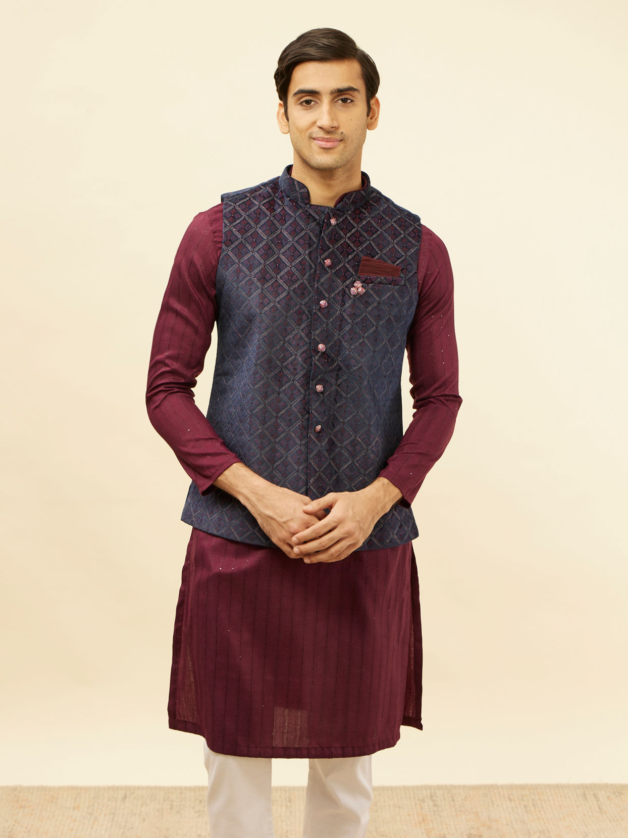 alt message - Manyavar Men Imperial Blue and Maroon Grid Patterned Kurta Jacket Set image number 0