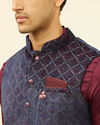 Manyavar Men Imperial Blue and Wine Grid Patterned Kurta Jacket Set