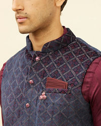 Manyavar Men Imperial Blue and Maroon Grid Patterned Kurta Jacket Set