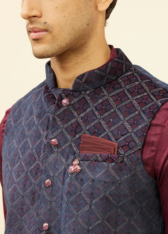 Manyavar Men Imperial Blue and Maroon Grid Patterned Kurta Jacket Set