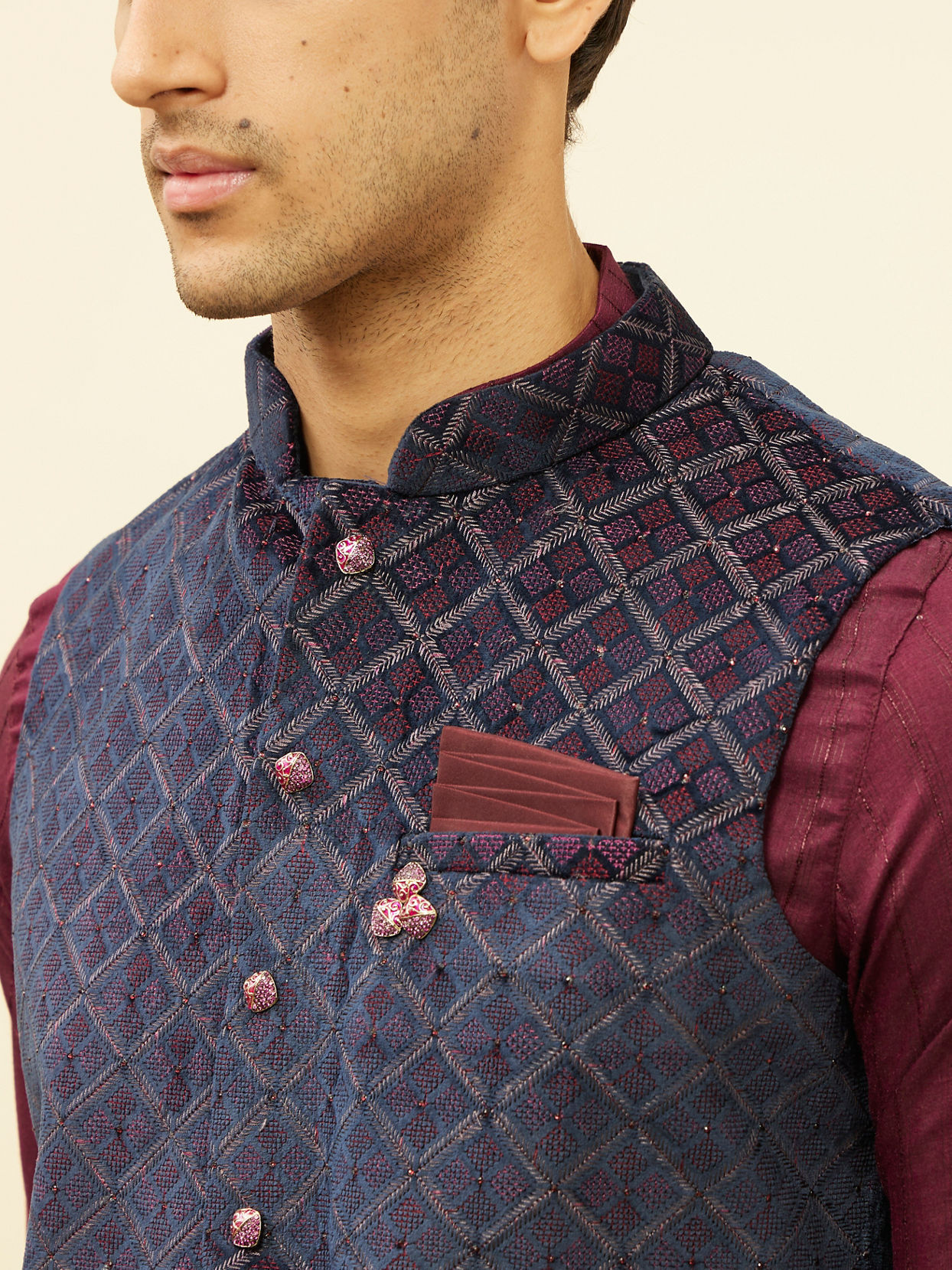 alt message - Manyavar Men Imperial Blue and Maroon Grid Patterned Kurta Jacket Set image number 1