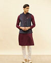 Manyavar Men Imperial Blue and Wine Grid Patterned Kurta Jacket Set