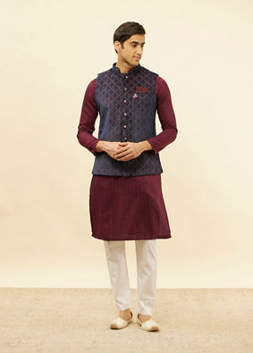 alt message - Manyavar Men Imperial Blue and Maroon Grid Patterned Kurta Jacket Set image number 2