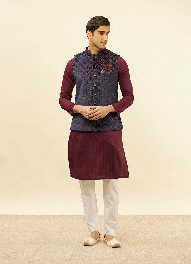 Manyavar Men Imperial Blue and Wine Grid Patterned Kurta Jacket Set