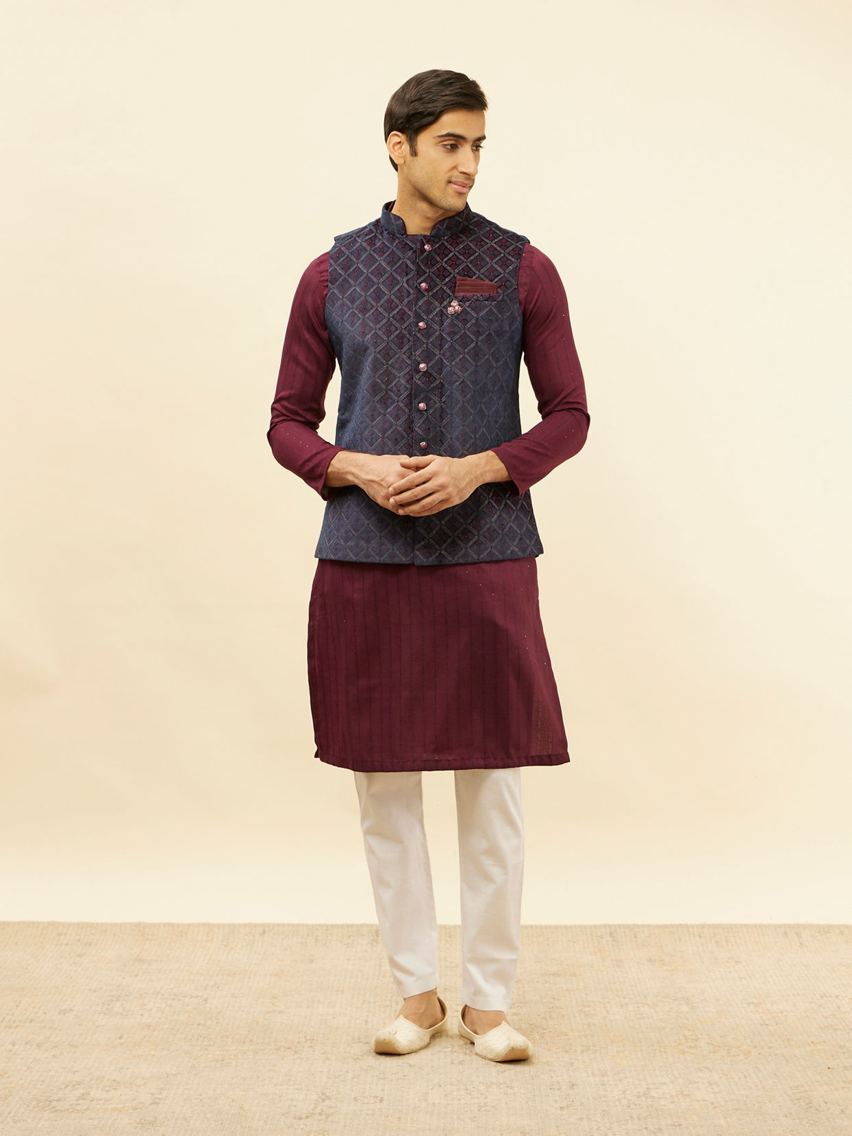 Manyavar Men Imperial Blue and Wine Grid Patterned Kurta Jacket Set