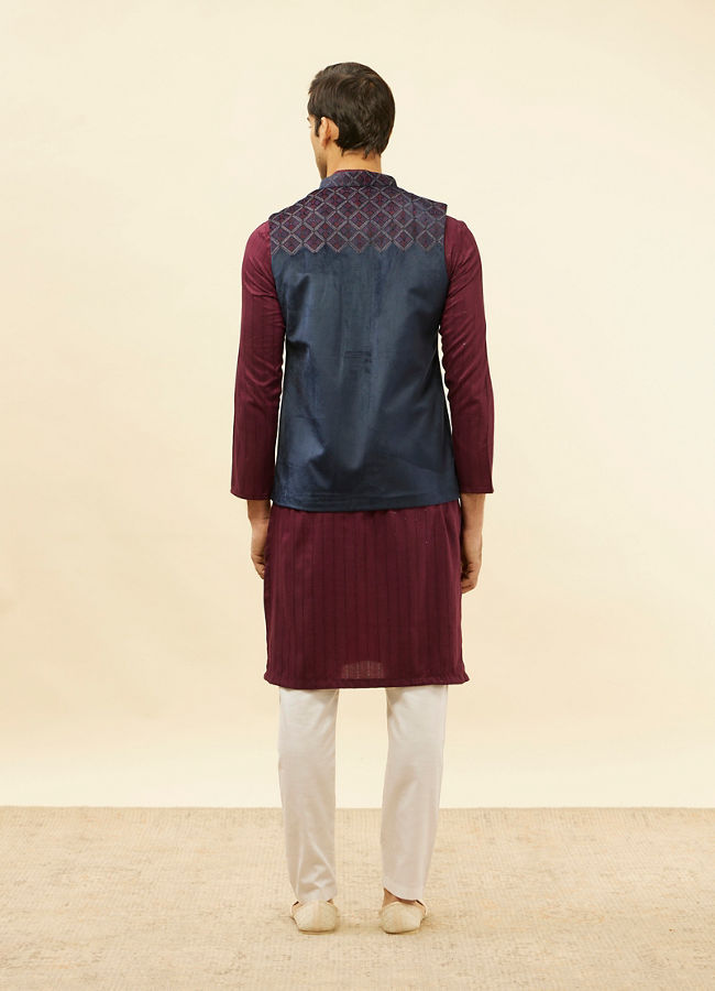 Manyavar Men Imperial Blue and Wine Grid Patterned Kurta Jacket Set