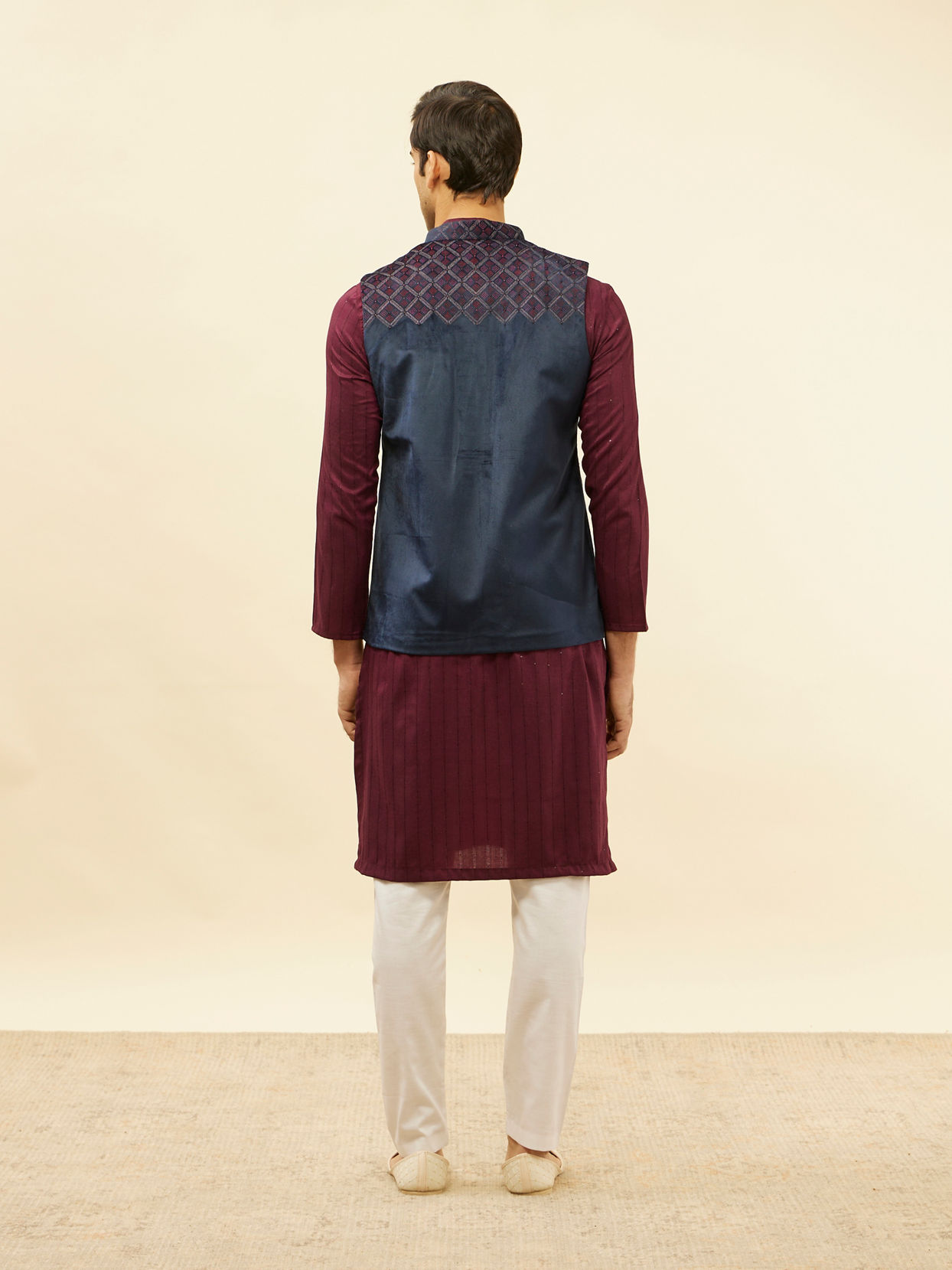 Manyavar Men Imperial Blue and Wine Grid Patterned Kurta Jacket Set