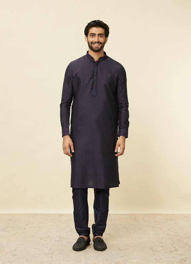 Manyavar Men Sapphire Blue Hexagon Patterned Jacket Set