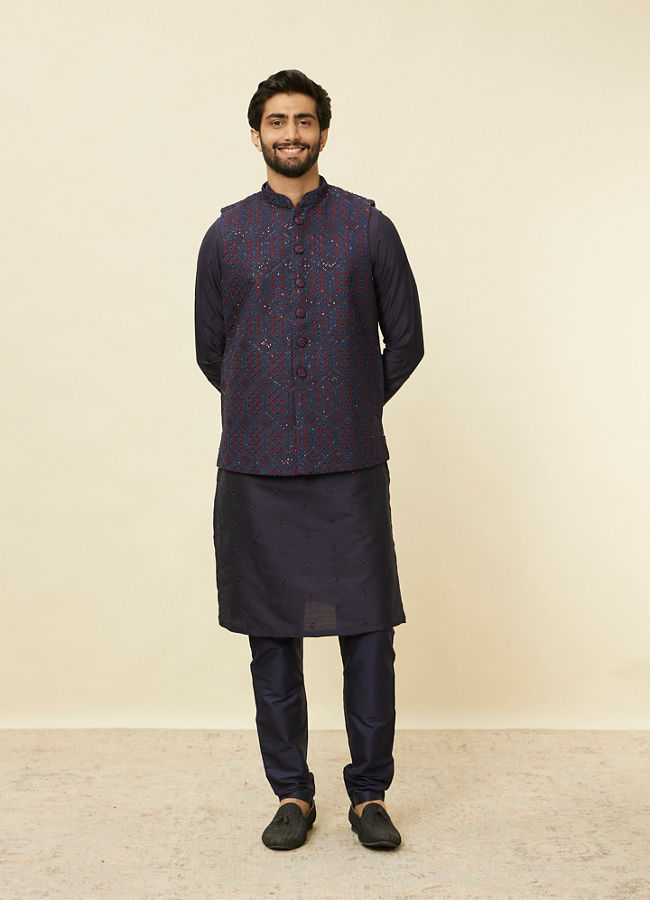 Manyavar Men Sapphire Blue Hexagon Patterned Jacket Set