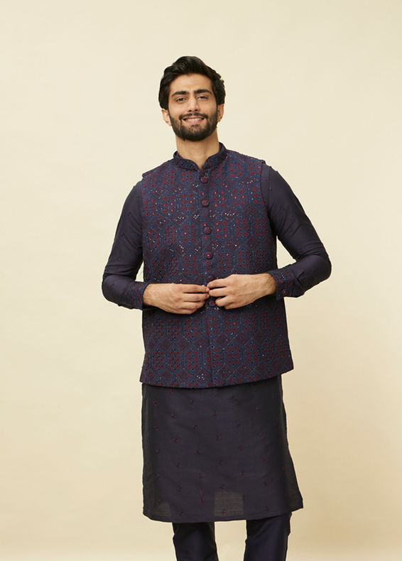 Manyavar Men Sapphire Blue Hexagon Patterned Jacket Set