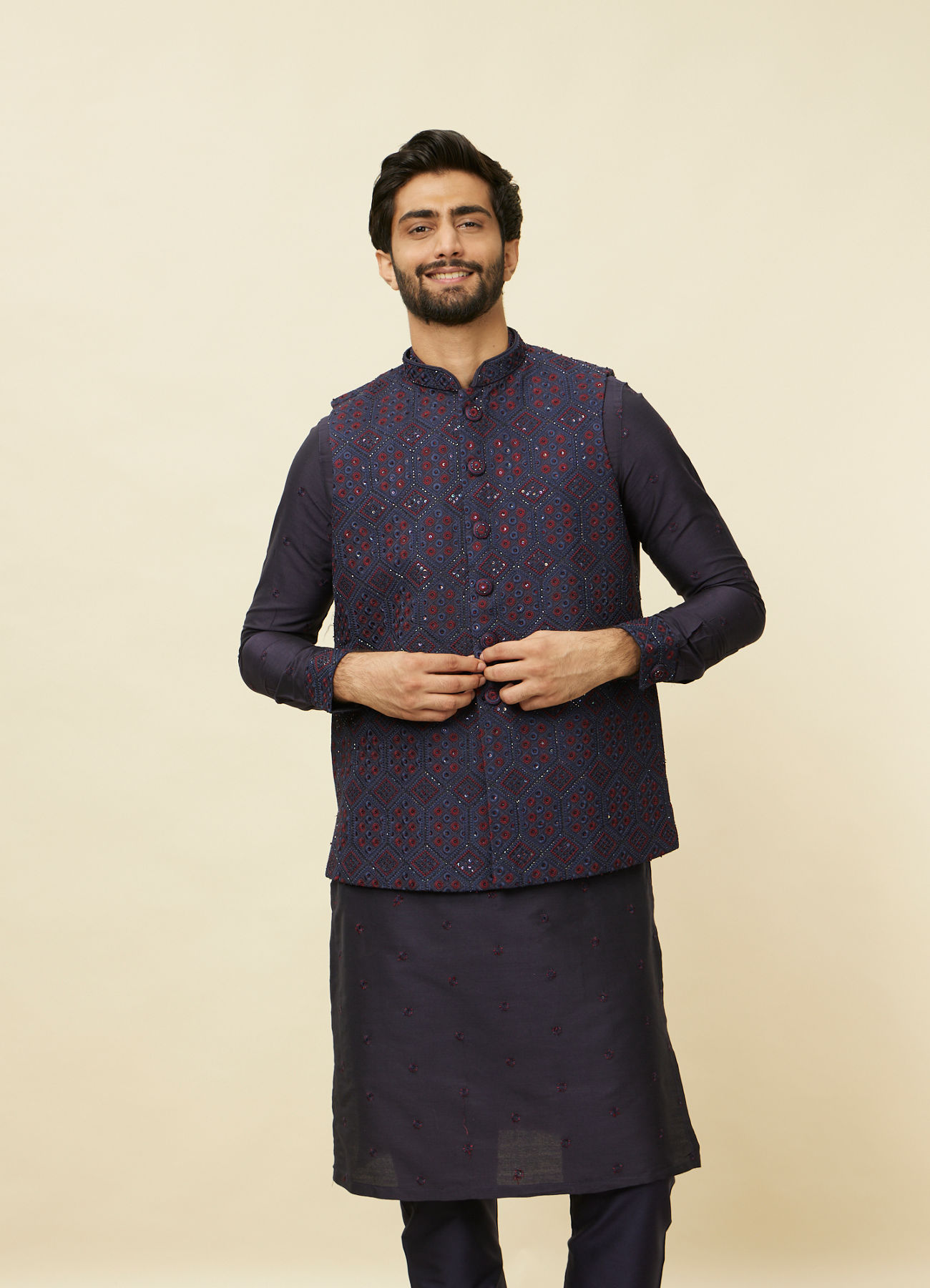 Manyavar Men Sapphire Blue Hexagon Patterned Jacket Set