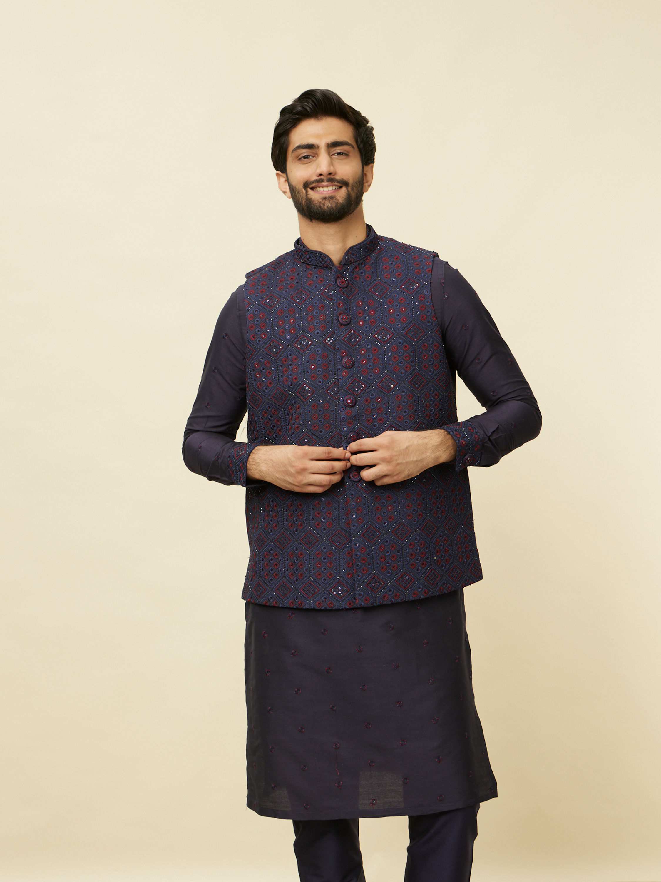 Manyavar Men Sapphire Blue Hexagon Patterned Jacket Set