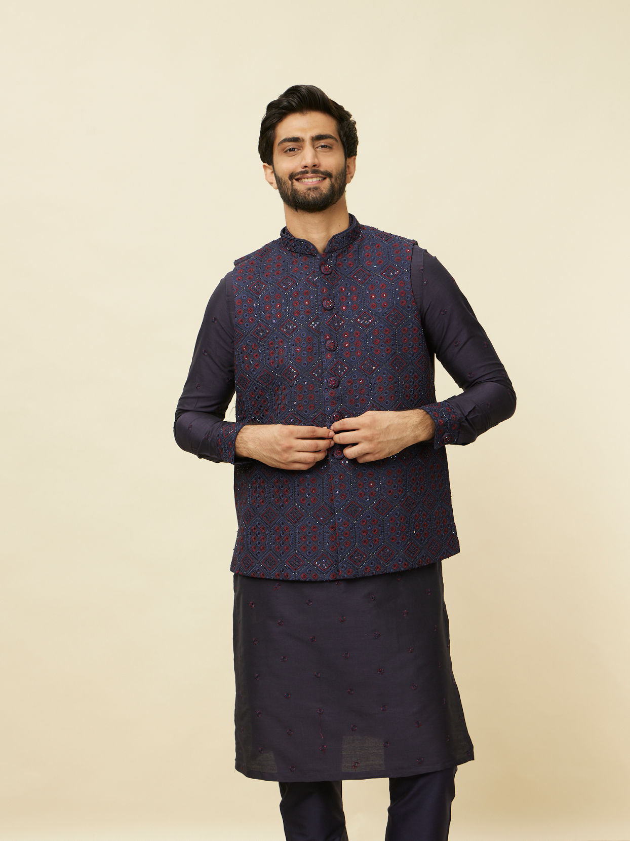 Manyavar Men Sapphire Blue Hexagon Patterned Jacket Set