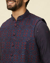 Manyavar Men Sapphire Blue Hexagon Patterned Jacket Set