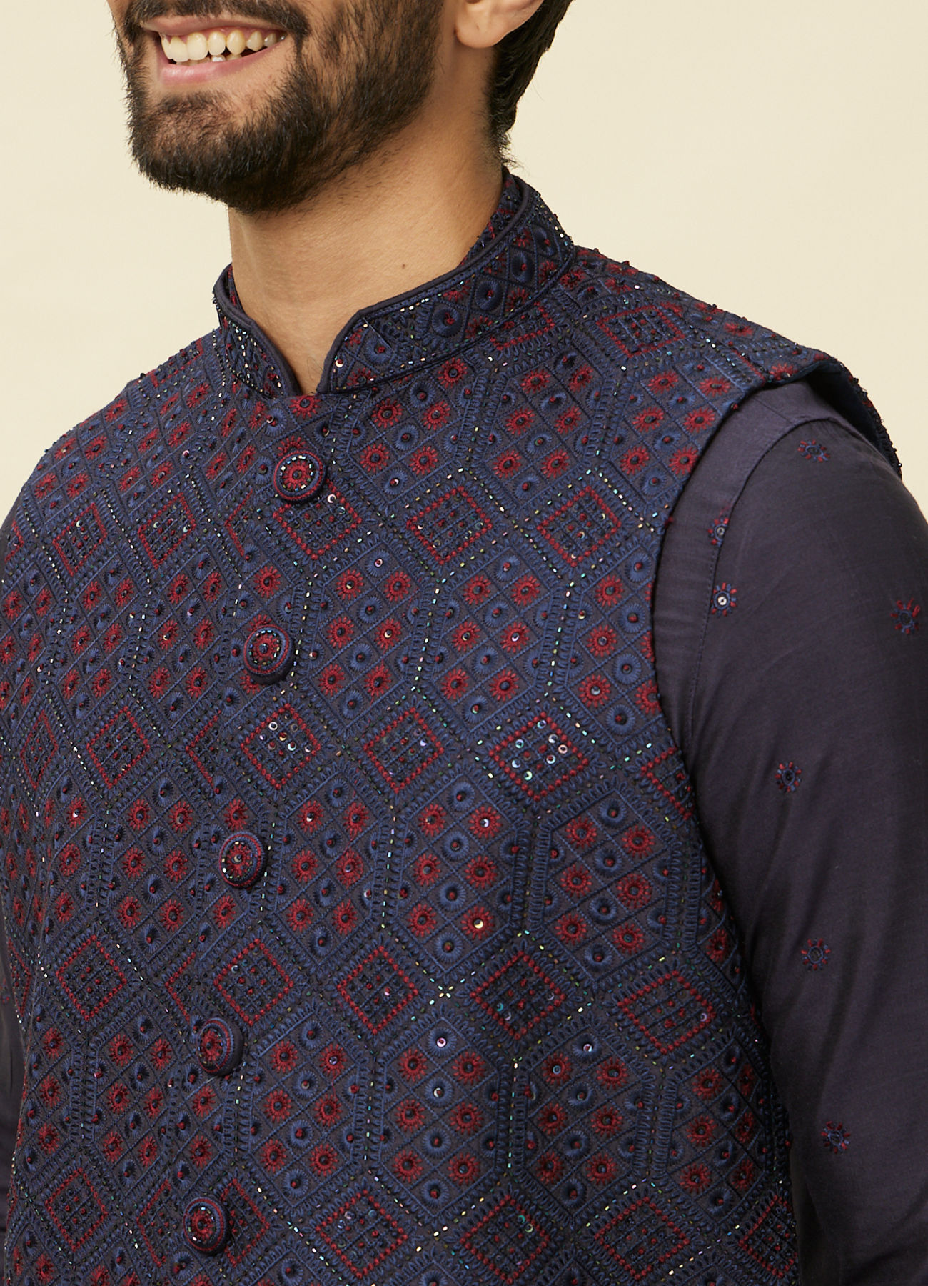 Manyavar Men Sapphire Blue Hexagon Patterned Jacket Set