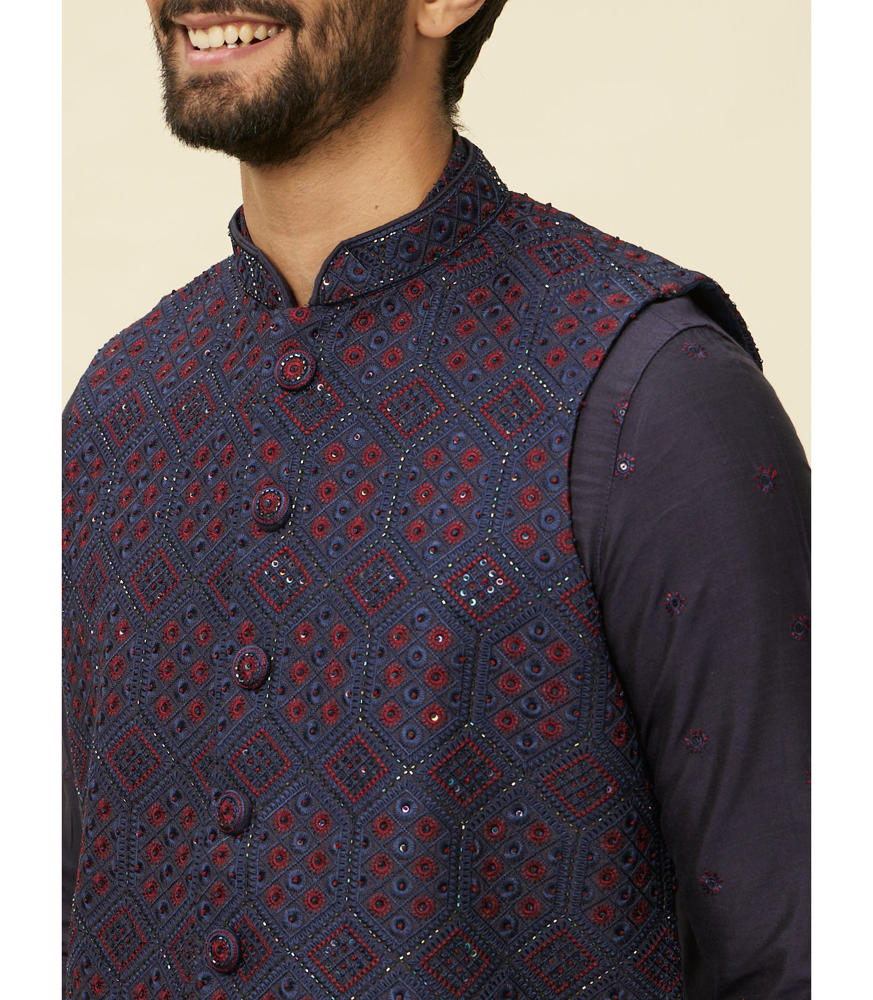 Manyavar Men Sapphire Blue Hexagon Patterned Jacket Set