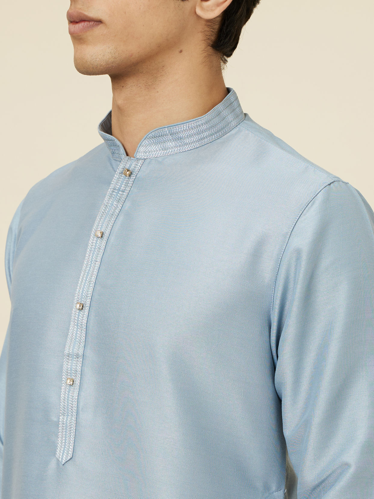 Manyavar Men Ice Blue Jaal Patterned Kurta Jacket Set