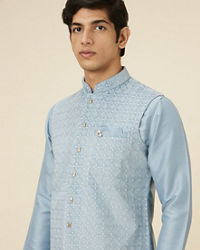 Manyavar Men Ice Blue Jaal Patterned Kurta Jacket Set
