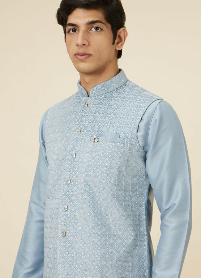Manyavar Men Ice Blue Jaal Patterned Kurta Jacket Set