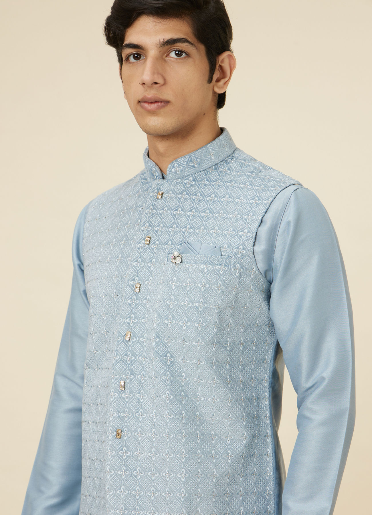Manyavar Men Ice Blue Jaal Patterned Kurta Jacket Set