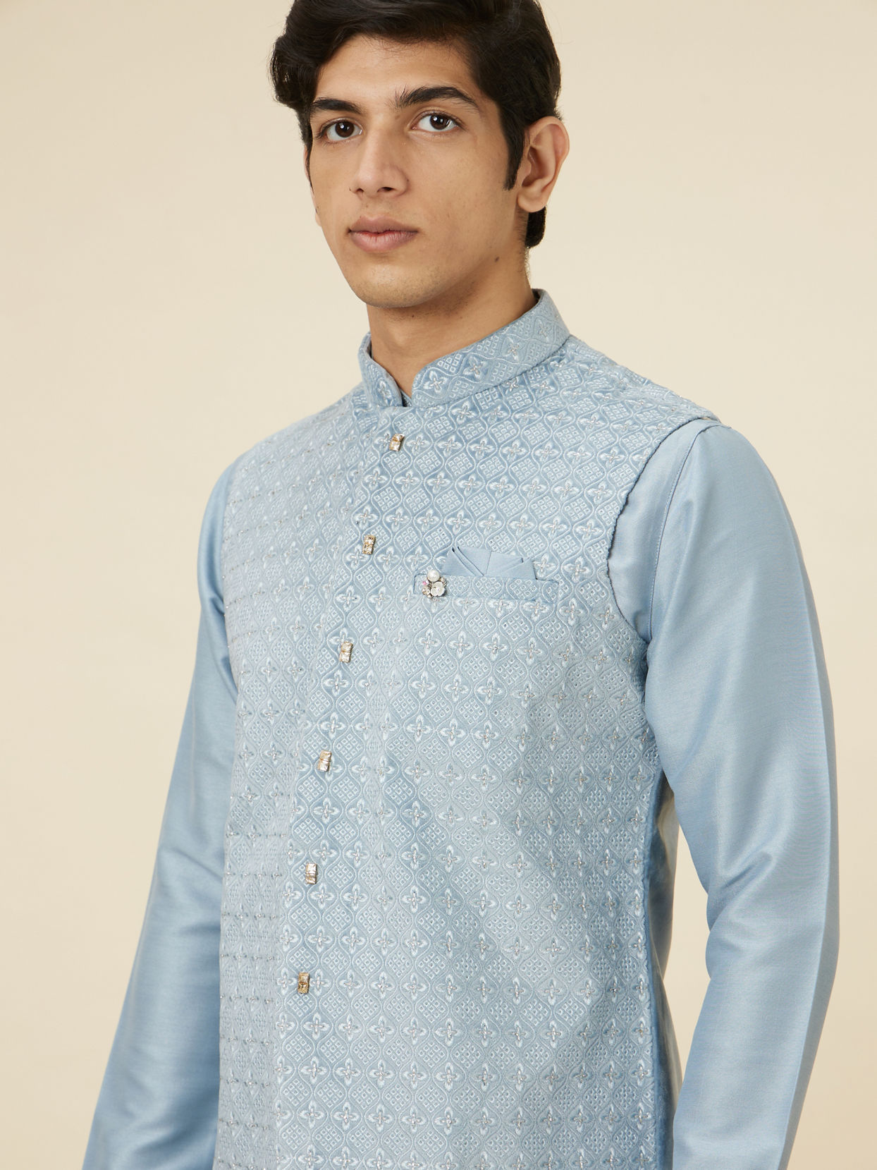Manyavar Men Ice Blue Jaal Patterned Kurta Jacket Set