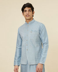 Manyavar Men Ice Blue Jaal Patterned Kurta Jacket Set